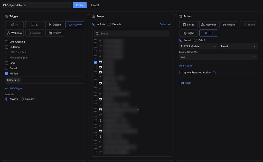 Ubiquiti Protect Alarm Manager interface for automated AI security system in high-security warehouse deployment by YesTechie