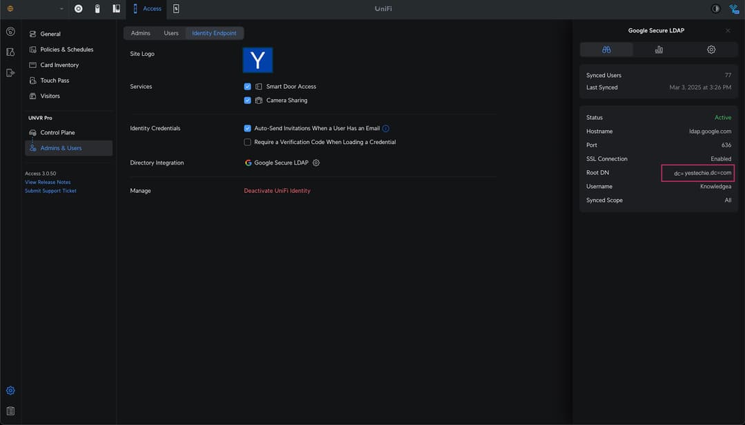 UniFi Identity Endpoint with Google LDAP synchronized