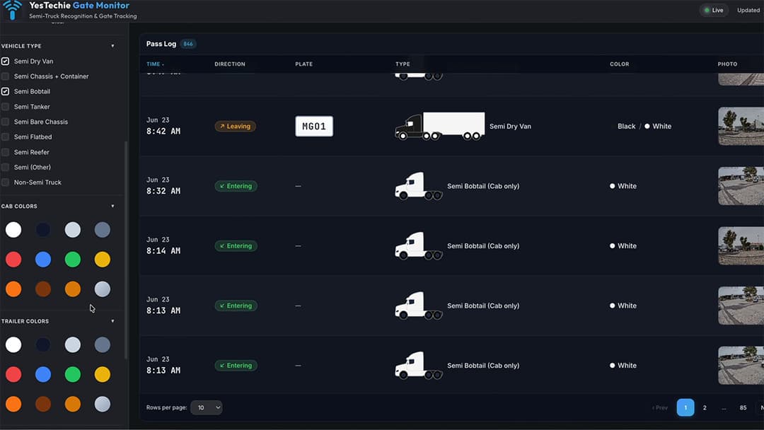 Custom AI dashboard interface filtering truck log entries by cab color and trailer color