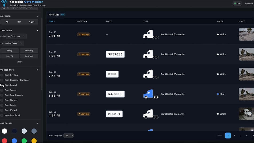 Automated vehicle categorization interface for commercial truck yard operations