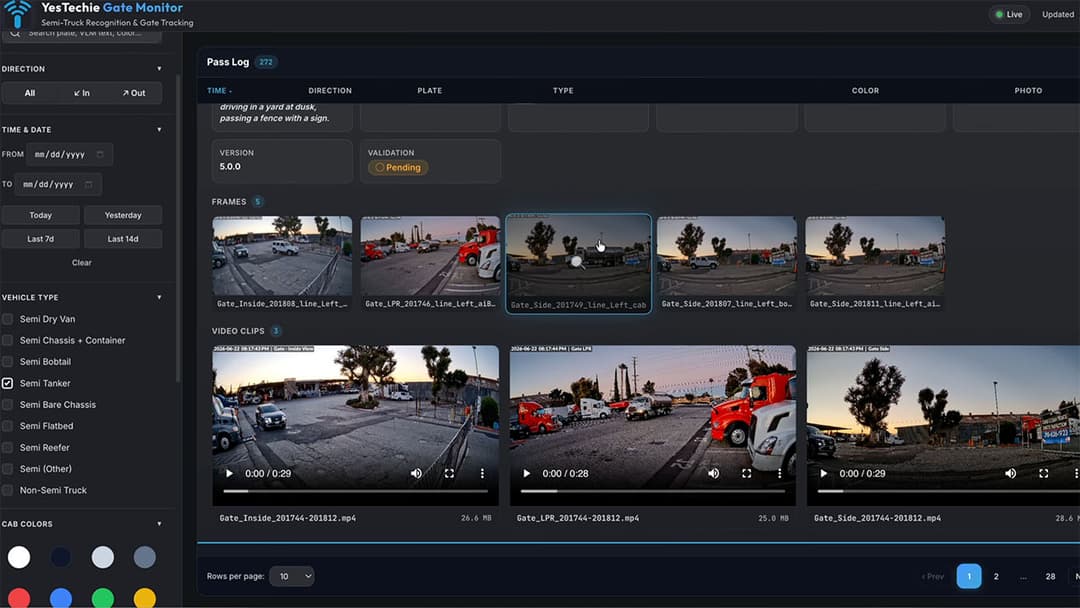 Custom AI dashboard video playback matrix showing synced cameras detecting Hazmat placards
