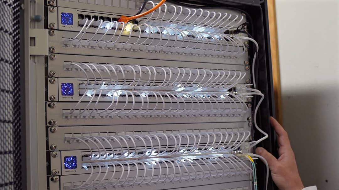 MDF server rack with UniFi Pro Max switches