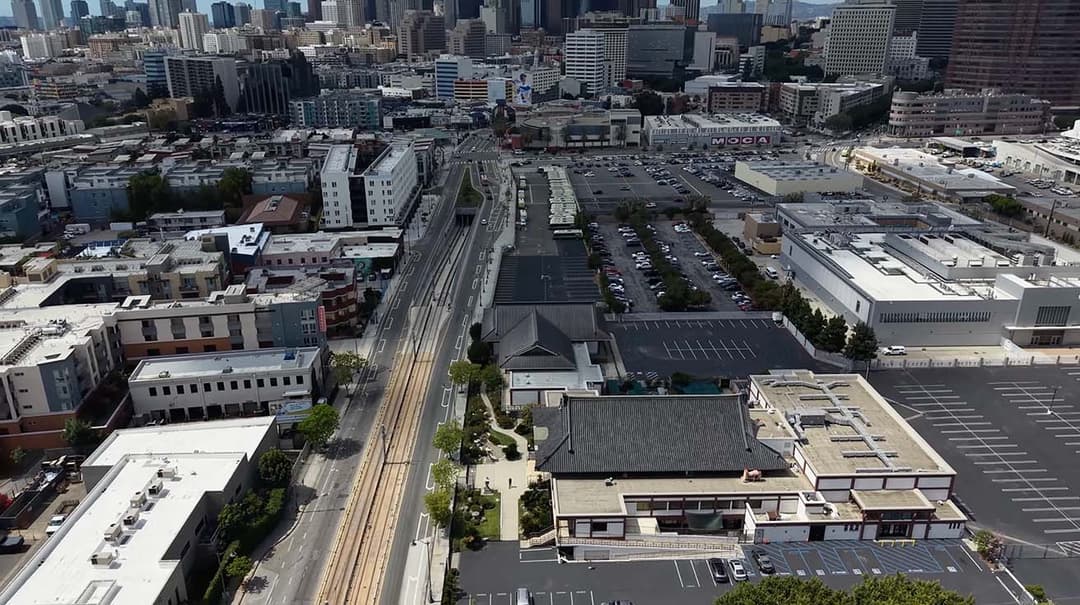 Aerial drone view of the temple complex and security perimeter