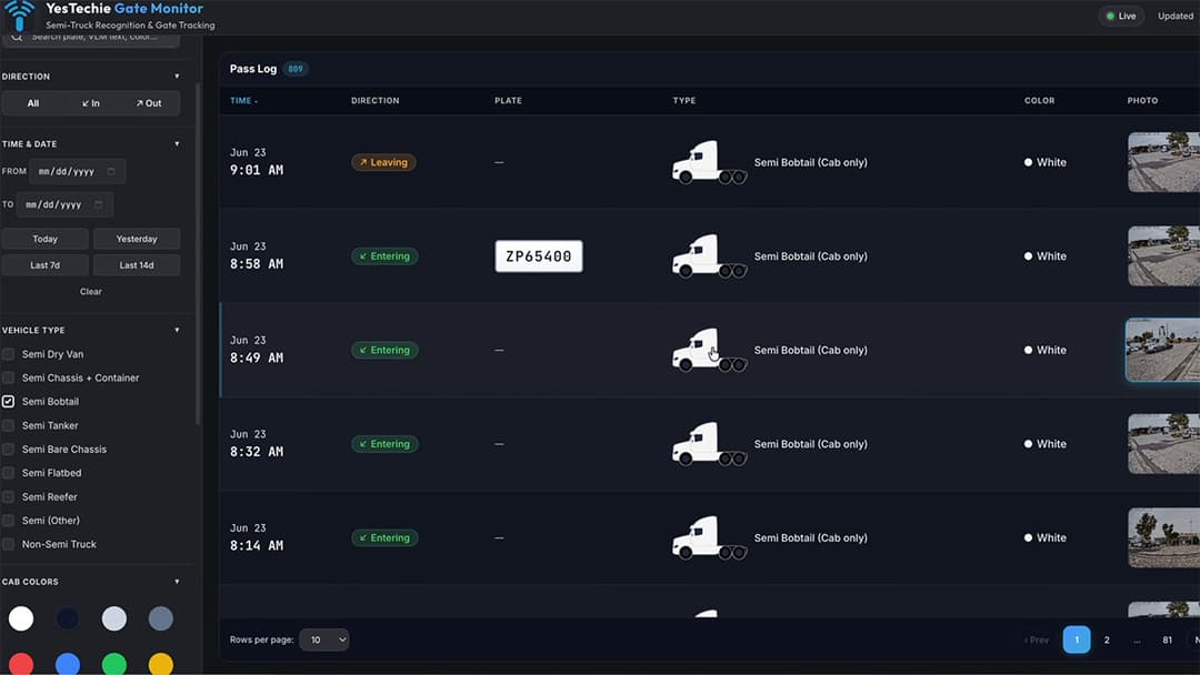 Automated vehicle classification log separating semi trucks, bobtails, and tankers in custom AI software