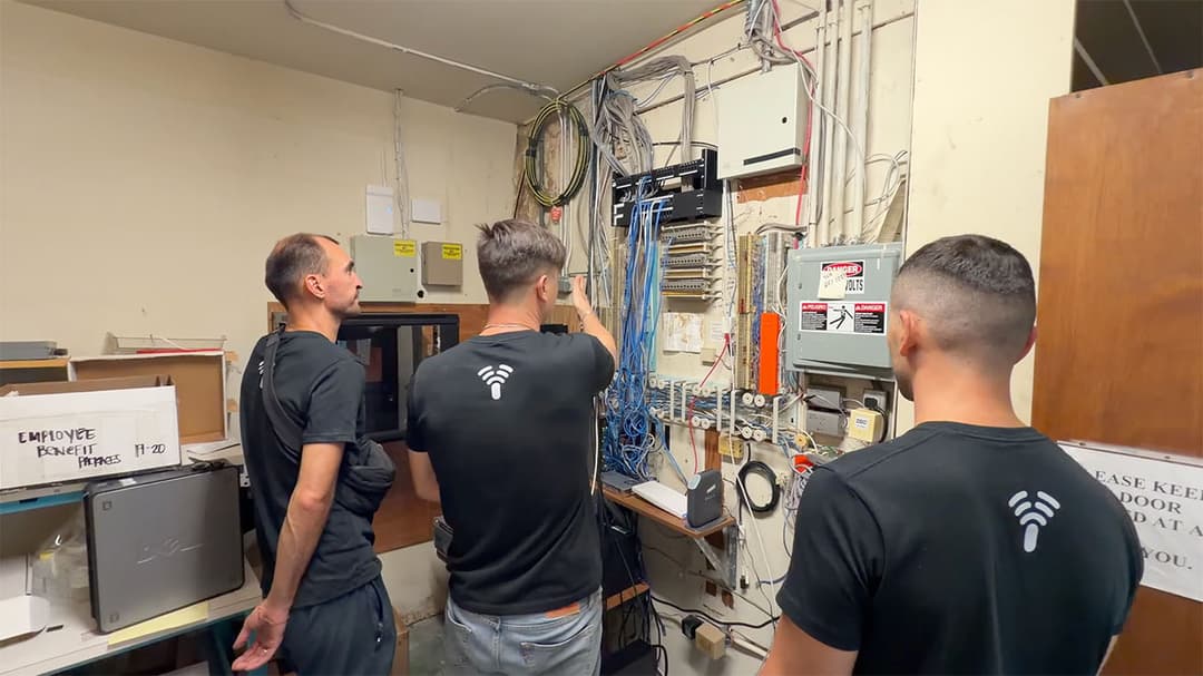 YesTechie network installation team collaborating on structured cabling.