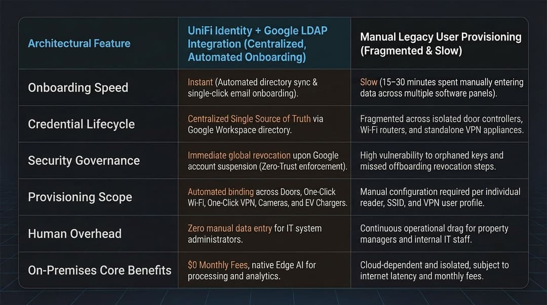 Comparison feature matrix showing UniFi Identity Endpoint Google LDAP integration versus manual legacy user provisioning for corporate access control