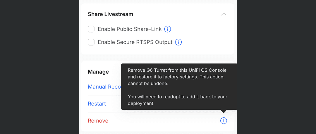 UniFi Protect Manage menu with the Remove option, which removes the camera and restores factory settings