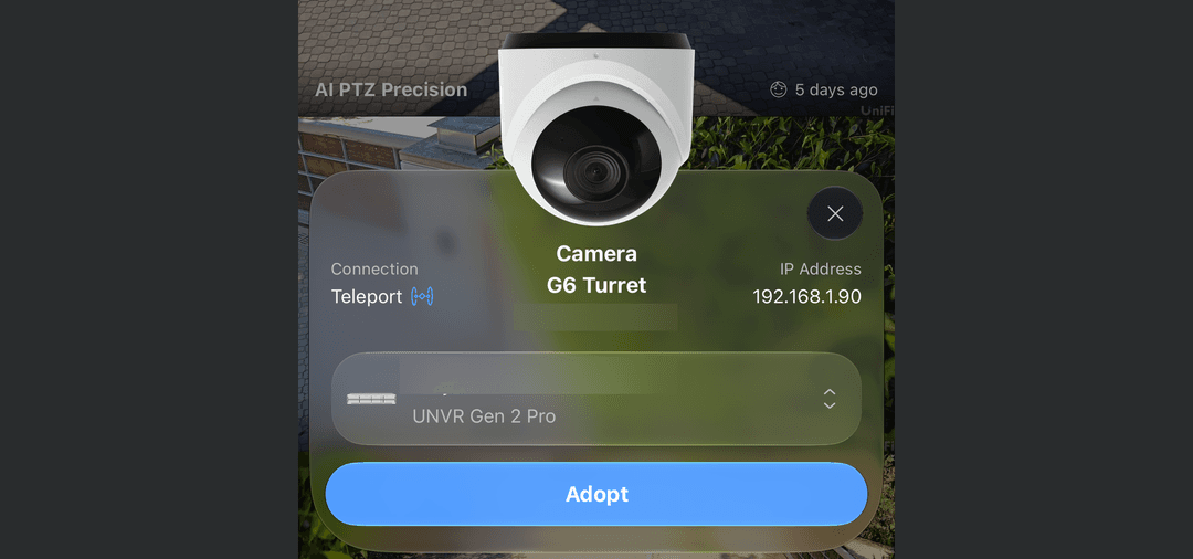 UniFi Protect mobile app adopting a G6 Turret over Teleport to a remote recording destination