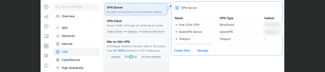 UniFi Network settings showing Teleport enabled under VPN, VPN Server